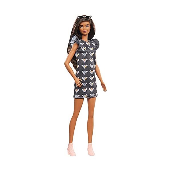 Barbie Fashionistas poupée mannequin 140 aux longs cheveux bruns et avec une robe à imprimé souris, jouet pour enfant, GYB01