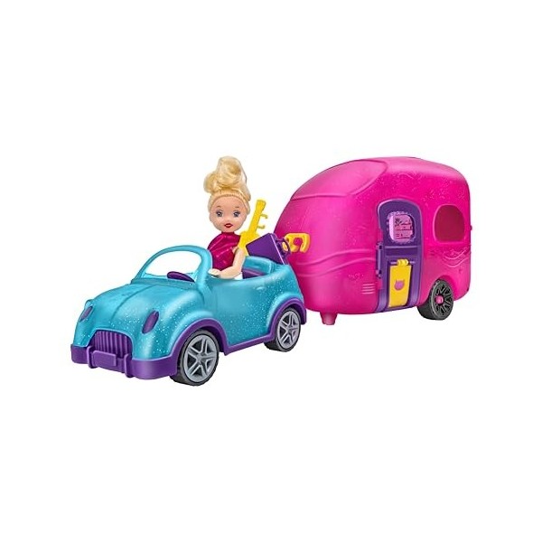 Olly Cami de Camping - Mini poupée avec Caravane et Voitures Scintillantes - Inclus Chiot et Accessoires de Camping - Globo T