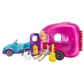 Olly Cami de Camping - Mini poupée avec Caravane et Voitures Scintillantes - Inclus Chiot et Accessoires de Camping - Globo T