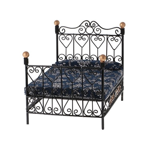 DAILY1 1: 12 Dollhouse Miniature Meubles de Chambre a Coucher lit en Metal avec Matelas Accessoire Jouet Noir