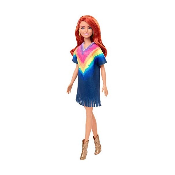 Barbie Fashionistas poupée mannequin 141 aux longs cheveux roux et avec une robe Tie-Dye à franges, jouet pour enfant, GHW55