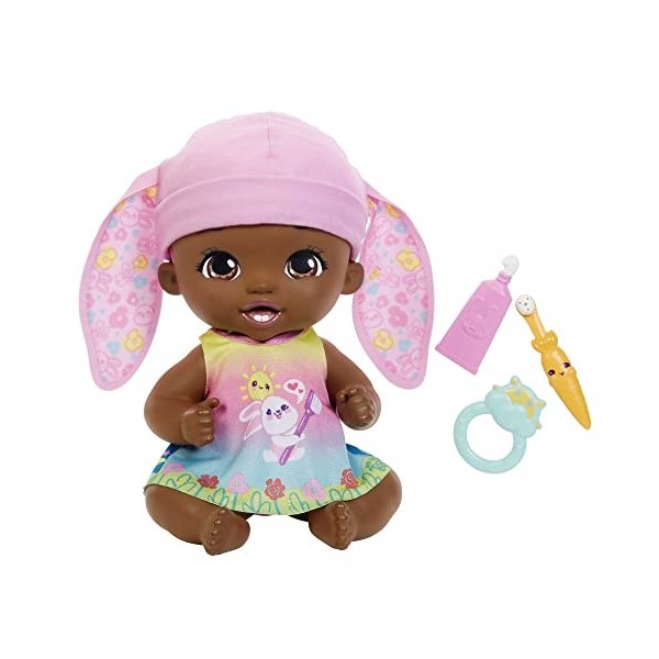 My Garden Baby poupée bébé Lapin Premières dents, 30 cm, poupon avec 3 accessoires et tenue 2 en 1, bonnet rose, jouet pour e