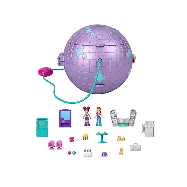 Polly Pocket Coffret Boule Disco, avec 4 espaces de jeu, 2 mini-figurines, 15 accessoires, 1 accessoire mode, jouet pour enfa