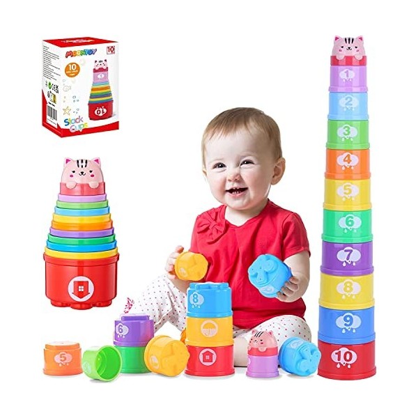 MOONTOY Jouet Cubes Empilables bébés Jouet Enfant 1 an,Jouet Bebe 1 an empilables pour bébé avec Chiffres, Lettres, Motifs,Jo