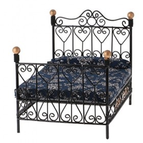 Zpoicaegn 1: 12 Miniature Meubles de Chambre a Coucher lit en Metal avec Accessoire Jouet Noir