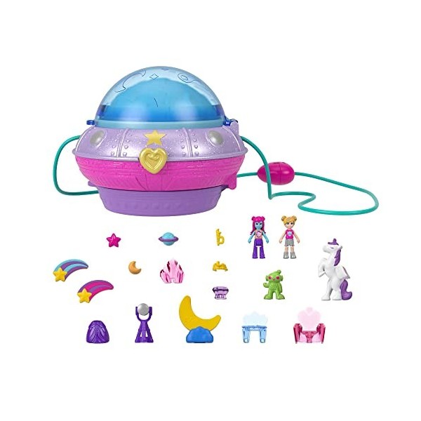 Polly Pocket Coffret Soucoupe Volante, avec 4 espaces de jeu, 2 mini-figurines, 15 accessoires, 1 vêtement , jouet pour enfan