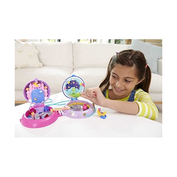 Polly Pocket Coffret Soucoupe Volante, avec 4 espaces de jeu, 2 mini-figurines, 15 accessoires, 1 vêtement , jouet pour enfan