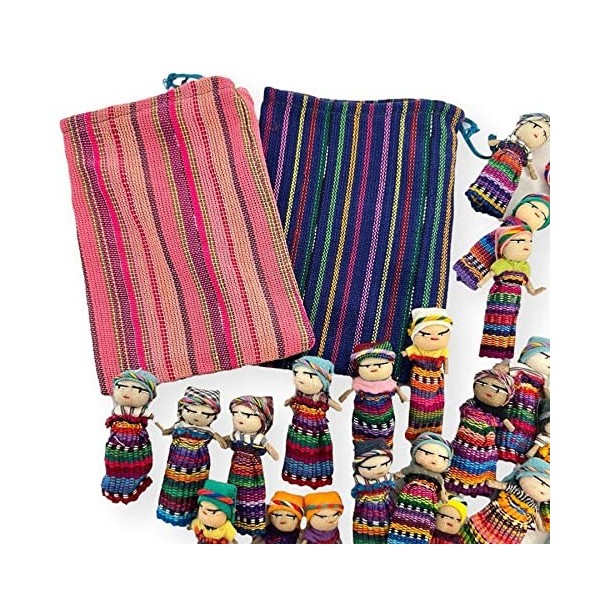 Lot de 21 poupées guatémaltèques faites à la main avec 2 sacs de rangement colorés | Poupées inquiètes pour filles | Poupées 