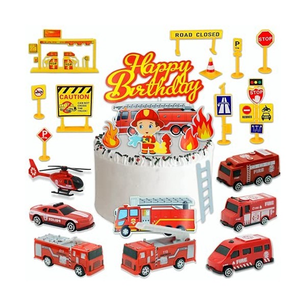 jiuzcare Camion de Pompiers Gâteau Décoration, 25pcs Accessoires décoratifs pour véhicules de pompiers - 7 jouets de pompiers