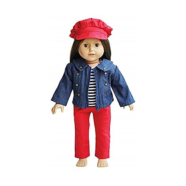 The New York Doll Collection 18 Pouces / 46 cm Poupée Tenues - Denim Veste avec Rayé Tee Rouge Pantalon, Chapeau Inclus - sa