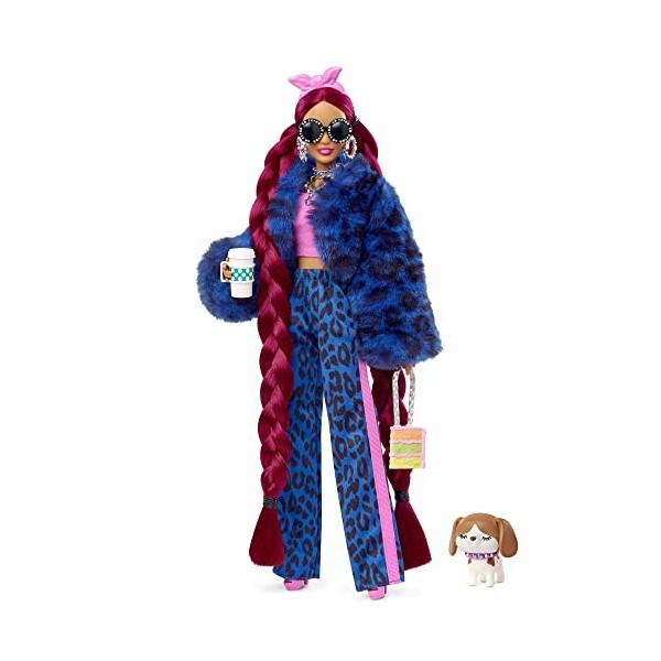 Barbie Poupée Mannequin Extra n° 17 avec Pantalon et Veste en Fausse Fourrure à Imprimé Léopard, Très Longs Cheveux, Figurine