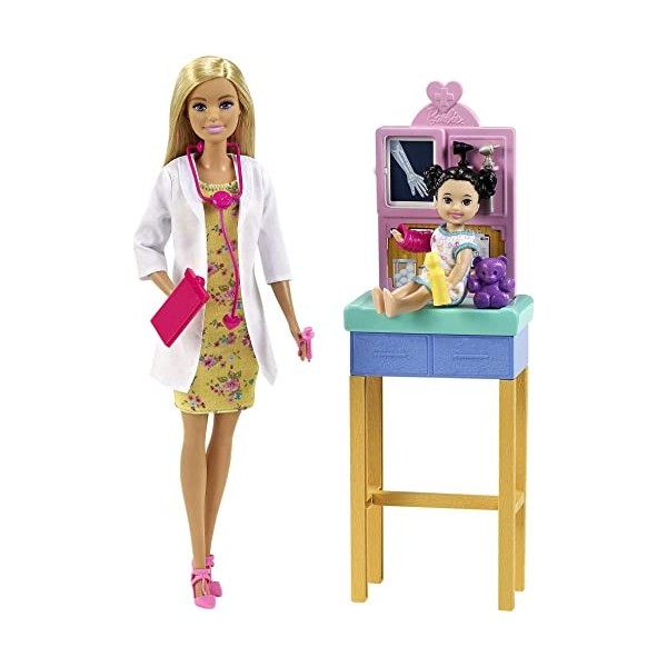 Barbie Métiers coffret poupée Docteure blonde, figurine petite patiente et son ours en peluche, accessoires inclus, jouet pou