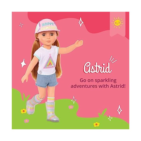 Glitter Girls – 14-inch Doll Astrid – Poseable Arms & Legs – Light Red Hair & Hazel Eyes – Camping Outfit, Matching Cap, and 