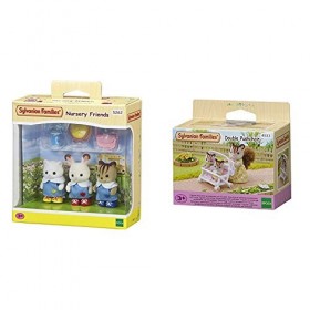 Sylvanian- Nursery Friends Families Les Amies De Creche, 5262, Multicolore & 4533 - Poussette Double - Poupées et Accessoires