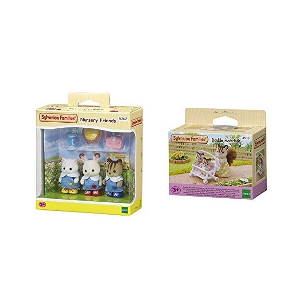 Sylvanian- Nursery Friends Families Les Amies De Creche, 5262, Multicolore & 4533 - Poussette Double - Poupées et Accessoires