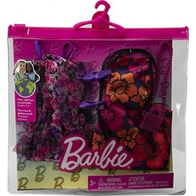 Barbie Fashion Pack - HJT35 - Ensemble Tenue de vêtements pour poupée - Mini Robe à épaule Bouffante, Robe Longue, Talon + Sa