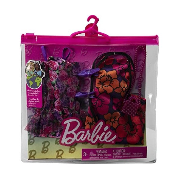 Barbie Fashion Pack - HJT35 - Ensemble Tenue de vêtements pour poupée - Mini Robe à épaule Bouffante, Robe Longue, Talon + Sa