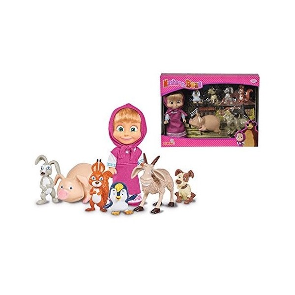 Simba - 109301020 - Masha & Michka - Poupée Masha et Ses Petits Animaux - 6 Animaux - 12 cm, Multicolore