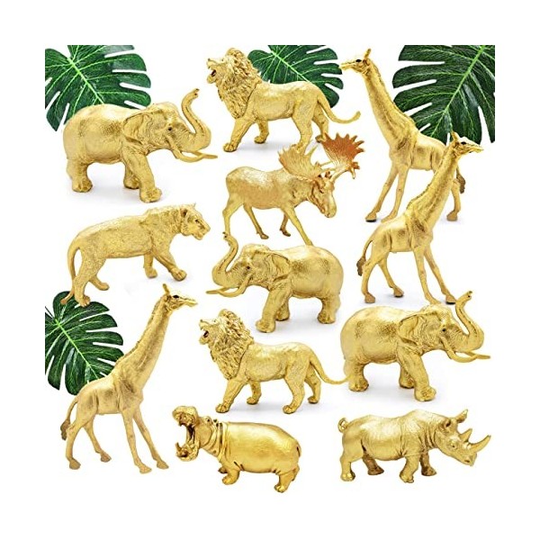 Quoersrti Lot de 12 figurines danimaux en plastique métallisé doré - Figurines de safari - Animaux sauvages avec éléphant, l