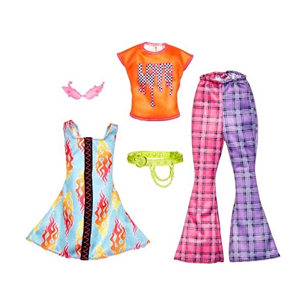 Barbie Fashion Pack - HJT34 - Ensemble 2 Tenues de vêtements pour poupée - Top Orange et des Pattes déléphant à Carreaux, Mi