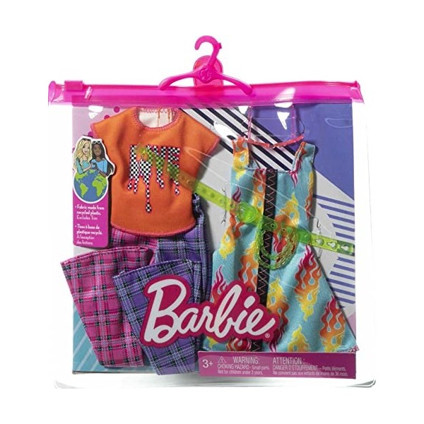 Barbie Fashion Pack - HJT34 - Ensemble 2 Tenues de vêtements pour poupée - Top Orange et des Pattes déléphant à Carreaux, Mi