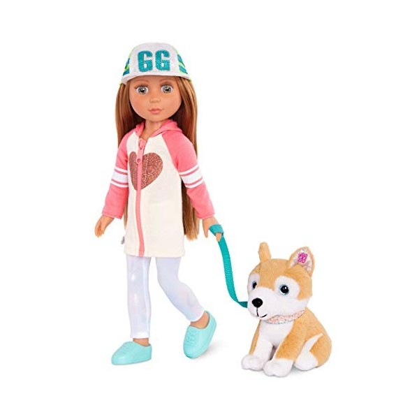 Glitter Girls 14-inch Poseable Fashion Doll & Dog – Brown Hair & Hazel Eyes – Hoodie Dress & Plush Puppy – Leash & Collar Acc