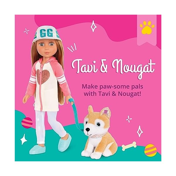 Glitter Girls 14-inch Poseable Fashion Doll & Dog – Brown Hair & Hazel Eyes – Hoodie Dress & Plush Puppy – Leash & Collar Acc