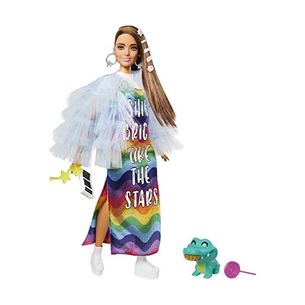 Barbie Extra Poupée Articulée Aux Longs Cheveux, Look Tendance Et Oversize, Avec Figurine Croco Gourmand Et Accessoires, Joue