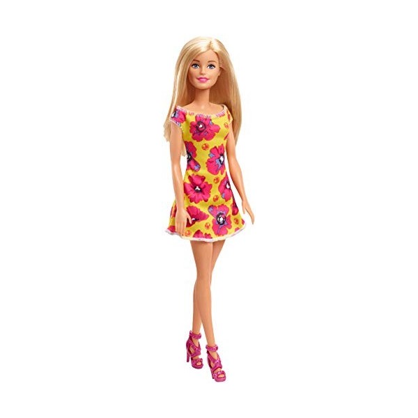 Barbie poupée aux cheveux châtains avec robe bleue et rouge à fleurs avec talons hauts roses, jouet pour enfant, GBK94