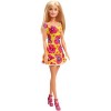 Barbie poupée aux cheveux châtains avec robe bleue et rouge à fleurs avec talons hauts roses, jouet pour enfant, GBK94