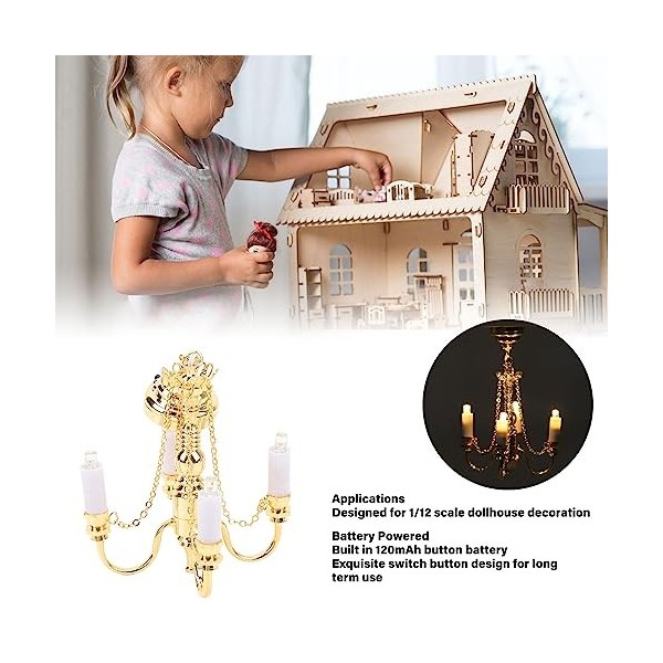 PenRux Mini Lampe Suspendue, 1: 12 Luxueux Or Vintage Maison de poupée Lampe, Batterie alimenté 4 têtes Live Dollhouse plafon