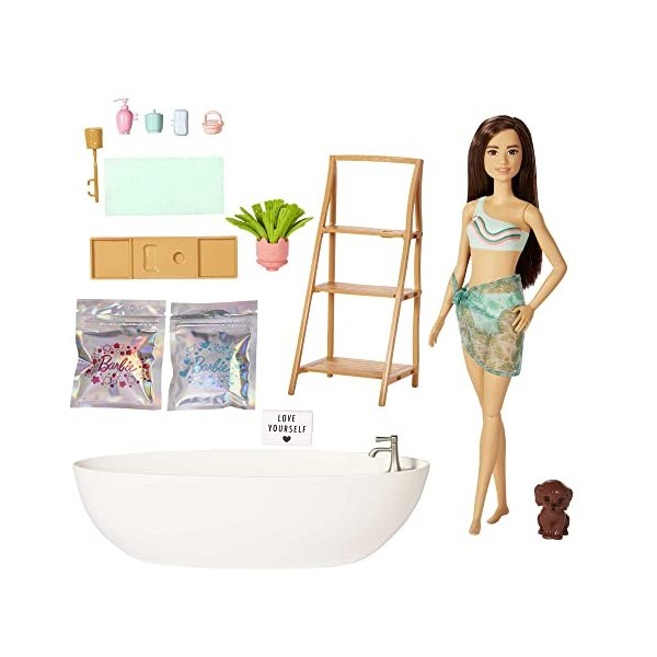 Barbie Coffret Bain Relaxant avec poupée mannequin brune, baignoire, chiot, savon confetti coloré et accessoires, thème soin 