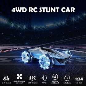 Weinsamkeit Voiture Télécommandée, 4WD Voiture Telecommandé Enfant Tout Terrain, 360°Rotation Stunt Car RC Véhicule avec LED,