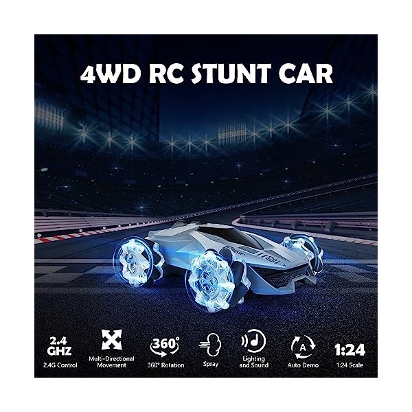 Weinsamkeit Voiture Télécommandée, 4WD Voiture Telecommandé Enfant Tout Terrain, 360°Rotation Stunt Car RC Véhicule avec LED,