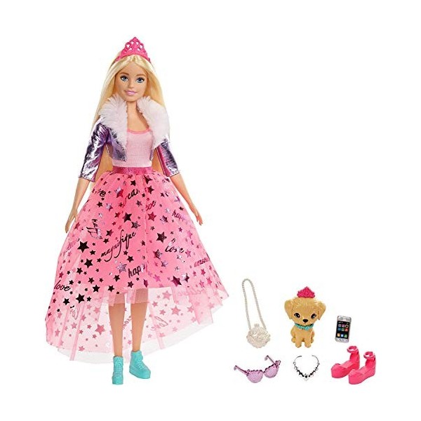 Barbie Royal Adventure poupée blonde avec jupe rose en tulle, figurine chiot et accessoires inclus, jouet pour enfant, GML76