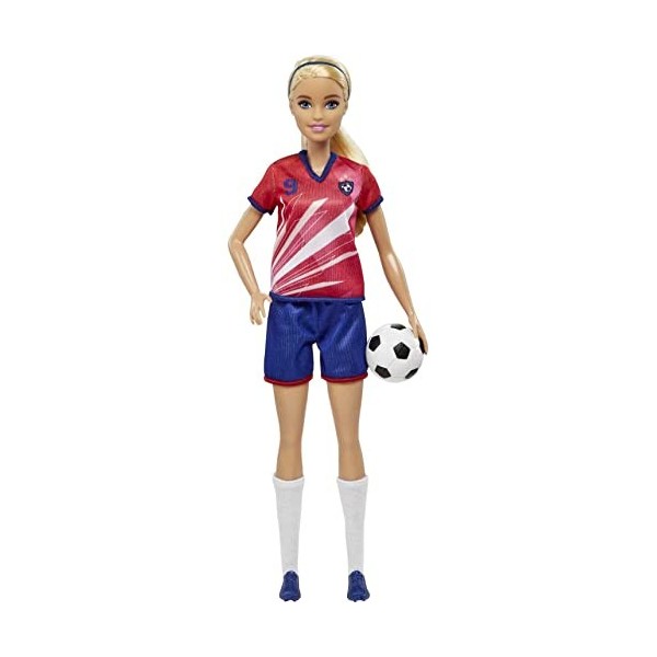 Barbie Poupée Barbie Footballeuse avec Queue de Cheval Blonde, Maillot n° 9, Balle de Foot, Chaussures à Crampons et Chausset