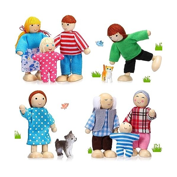 10 Pcs Ensemble de Poupées Familiales en Bois Mini Figurines de Famille en Bois Personnage de Maison de Poupée Mini Poupée Fa
