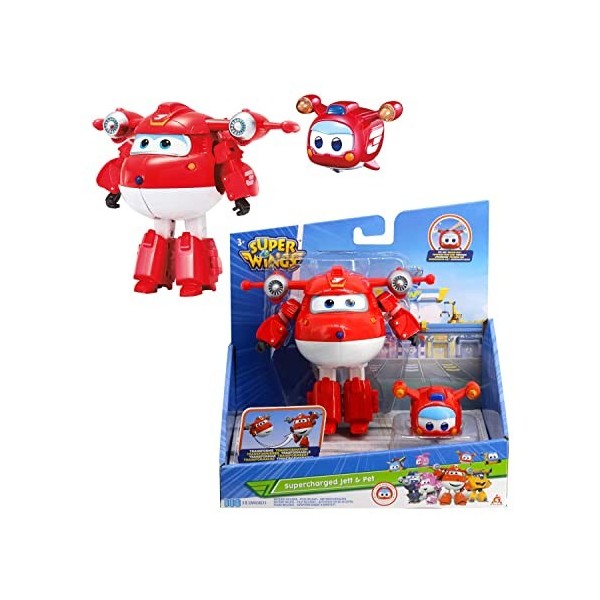 Super Wings EU750421 Supercharged Jett & Mini Super Pet Jett, Transformer Toys for 3+ Year Old Boy Girl, Red