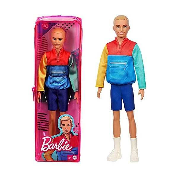 Barbie Fashionistas poupée mannequin Ken 163 blond avec short, veste multicolore et chaussures blanches, jouet pour enfant, 