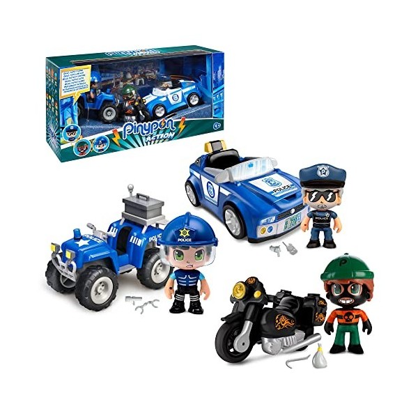 Pinypon Action - Pack Véhicules avec Quad, Voiture et Moto, et 3 Figurines différentes | 2 poupées policières et Un Voleur, J