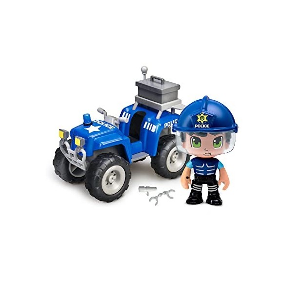 Pinypon Action - Pack Véhicules avec Quad, Voiture et Moto, et 3 Figurines différentes | 2 poupées policières et Un Voleur, J