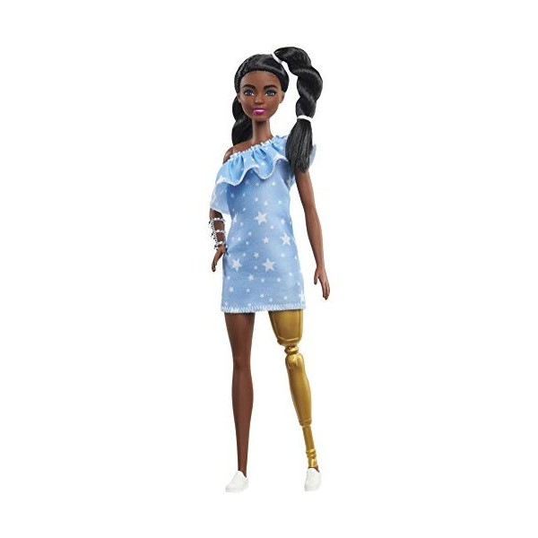 Barbie Fashionistas poupée mannequin 146 avec prothèse de jambe, 2 nattes torsadées et une robe à imprimé étoiles, jouet pou