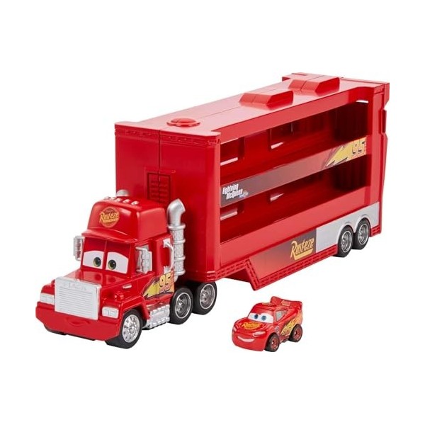 Disney Pixar Cars Camion Transporteur Mack pour transporter jusquà 18 mini-véhicules, mini voiture Flash McQueen incluse, jo