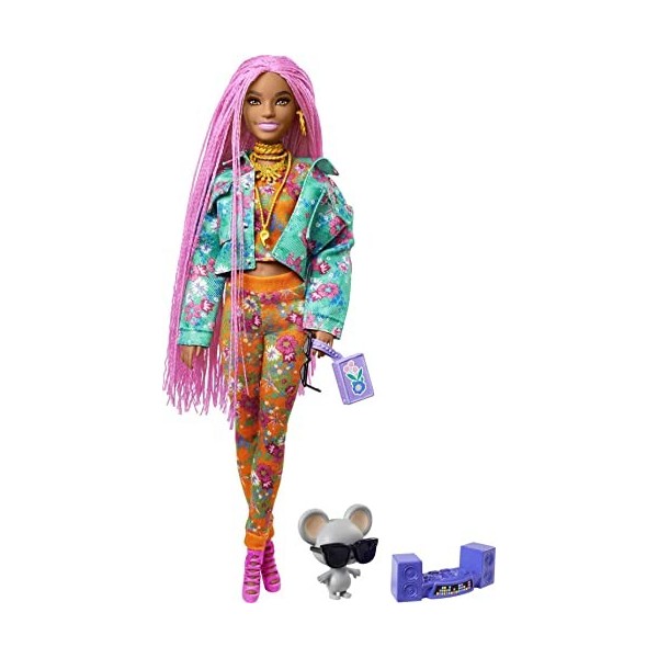 Barbie Extra Doll 10 in Floral-Print Jacket & Jogger Set with DJ Mouse Pet, Extra-Long Pink Braids, Layered Outfit & Accesso
