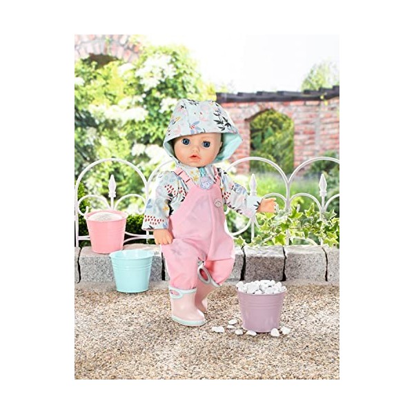 Baby Annabell 706718 Deluxe Rain Set-to Fit 43cm Dolls-Outfit Rainy Days, Includes Raincoat, Trousers and Pair of Wellingtons