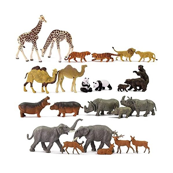 HO AN8718 Lot de 24 animaux sauvages peints à léchelle 1:87 en PVC Motif éléphant, chameau, girafe, tigre, lion, panda, ours