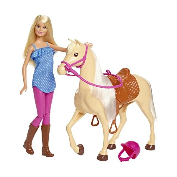 Barbie et son cheval, poupée blonde en tenue déquitation avec genoux articulés, jouet pour enfant, FXH13