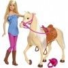 Barbie et son cheval, poupée blonde en tenue déquitation avec genoux articulés, jouet pour enfant, FXH13