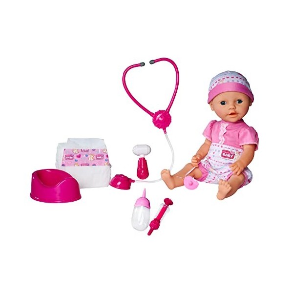 Simba 105032355 New Born Baby Poupée 38cm en Vinyle avec Accessoires de Docteur - boit et Fait Pipi - avec de Nombreux Access