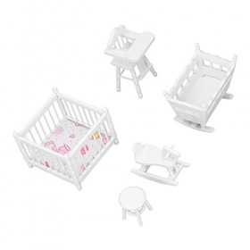 JTLB Meubles de Pépinière pour Maison de Poupée, Berceau Blanc 1:12, Chaise de Berceau, Tabouret Rond en Alliage, Meubles Min